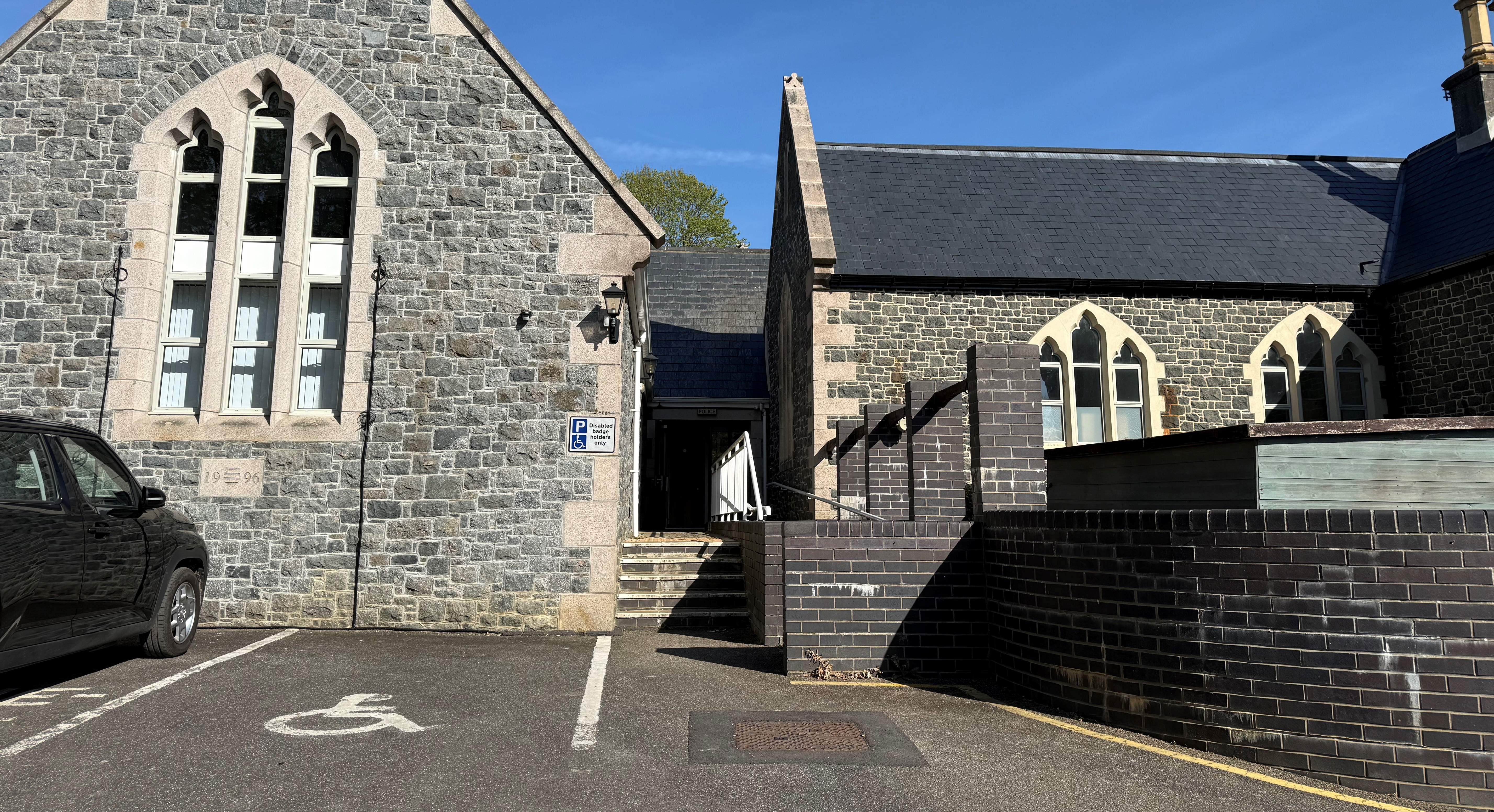 The rear entrance for disabled access and parking at Grouville Parish Hall