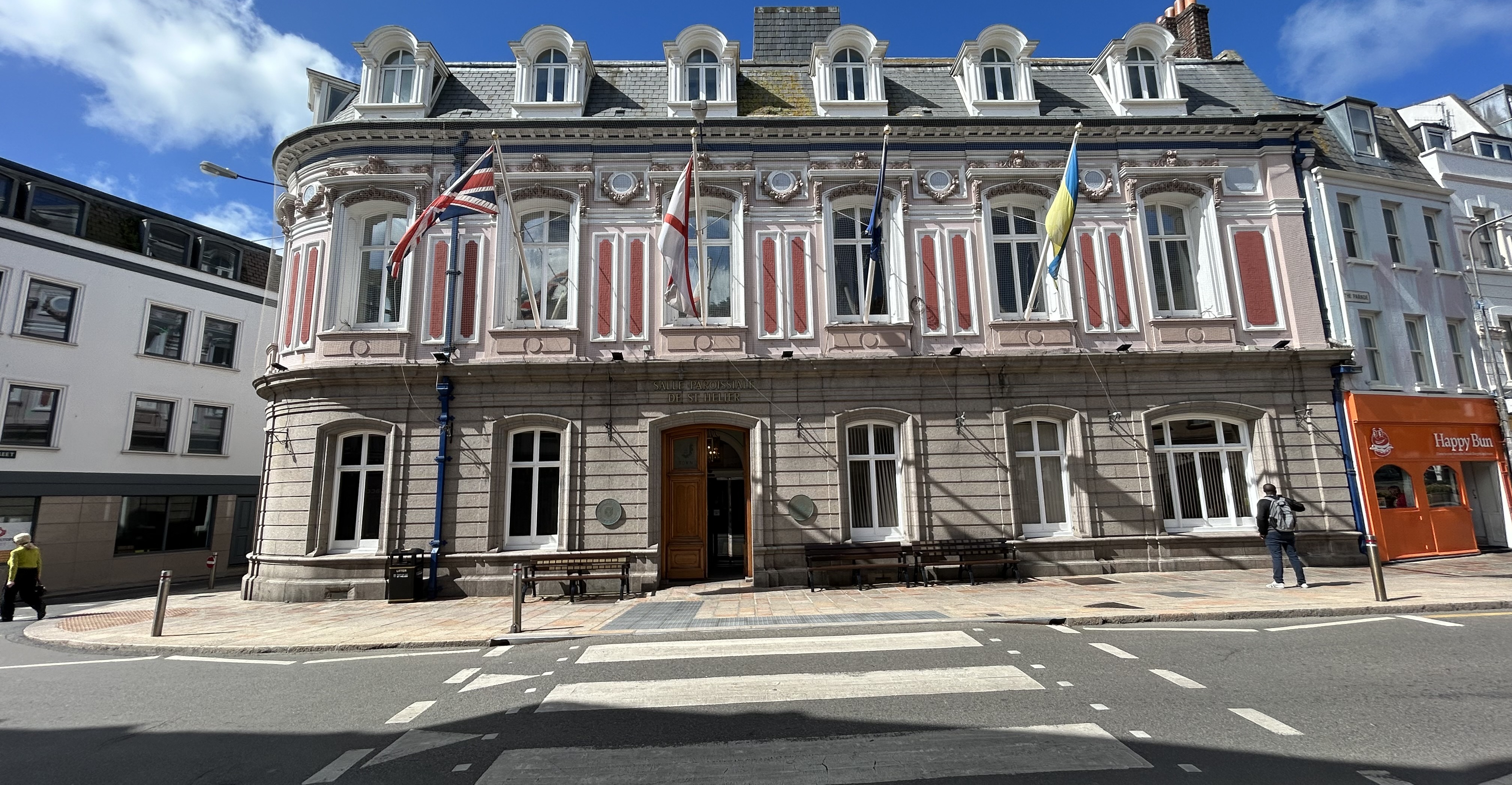 The outside of the St Helier Town Hall building and it's entrance