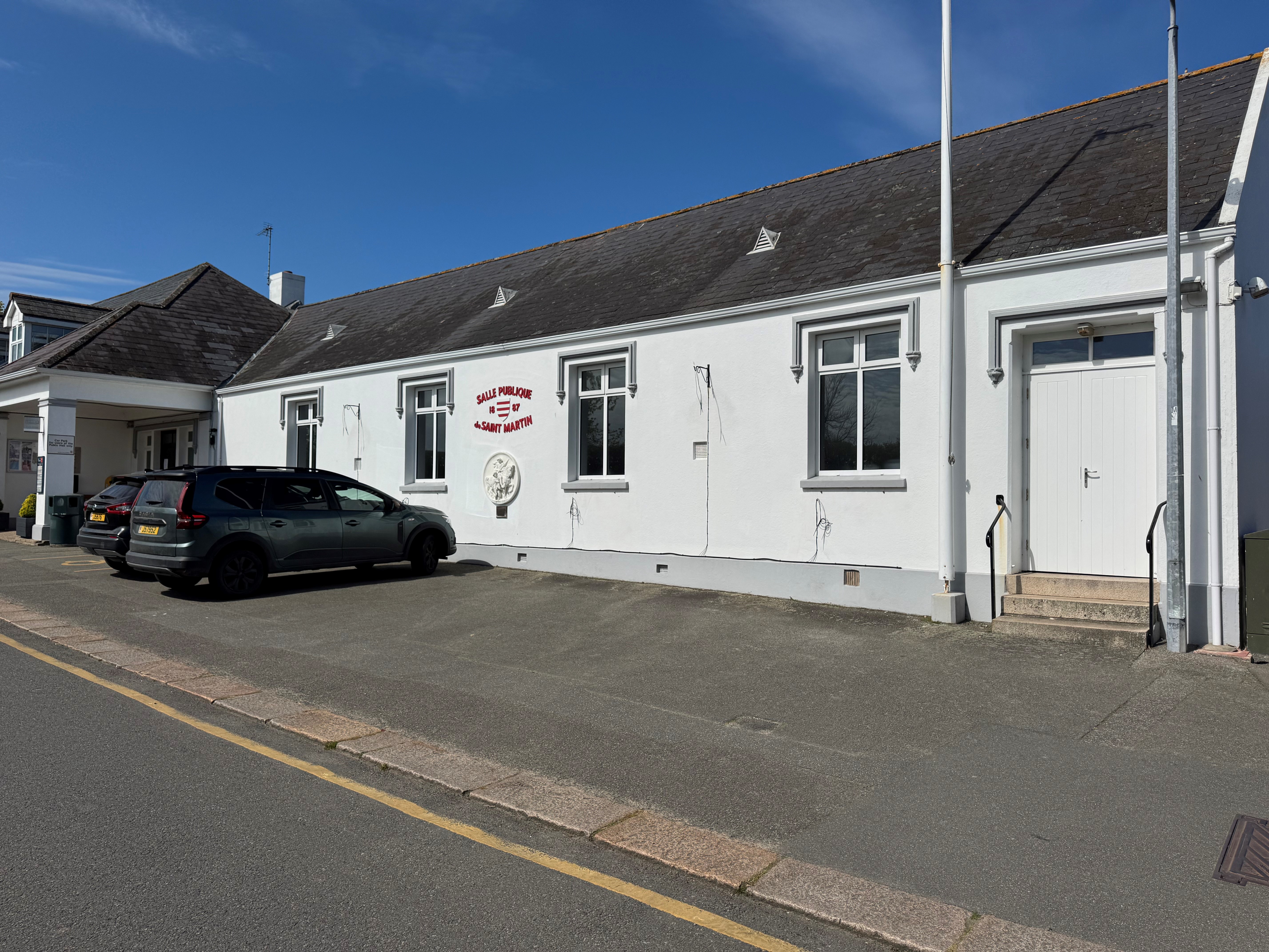 Parking spaces outside St Martin Public Hall.