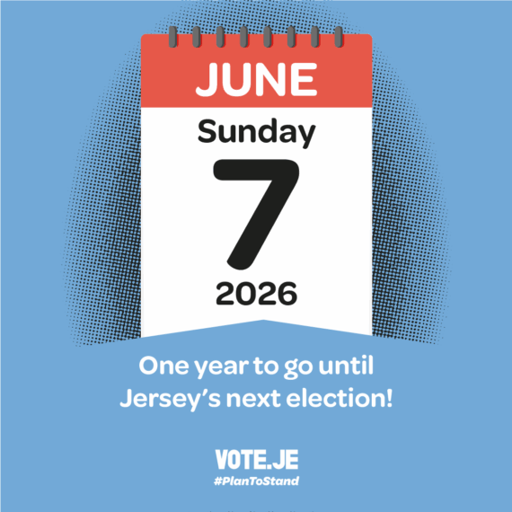 Calendar page showing Sunday 7 June 2026 with the text 'one year to go until Jersey's next election!'