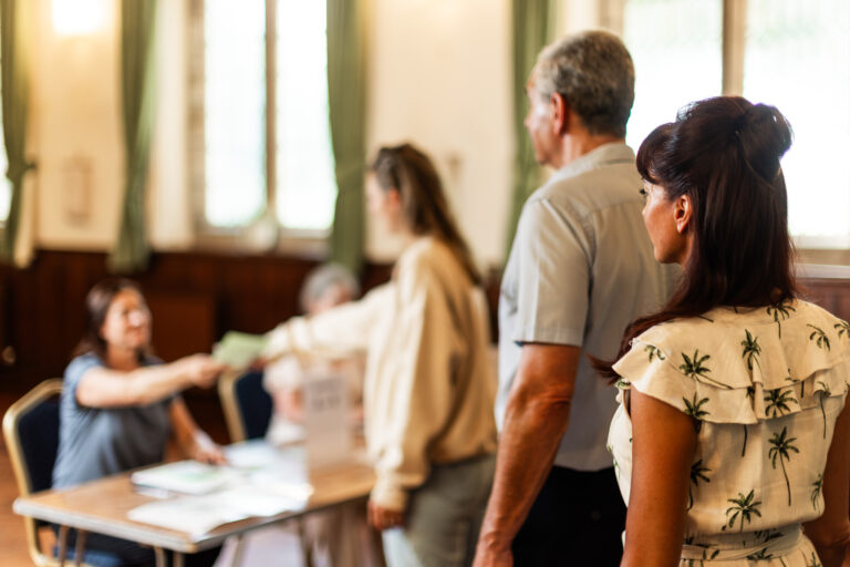 Voters lining up to receive ballots